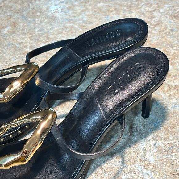 Schutz Women's Amarilis Stiletto Black Gold Sandal Mule Heels New Size 11 - Picture 11 of 11